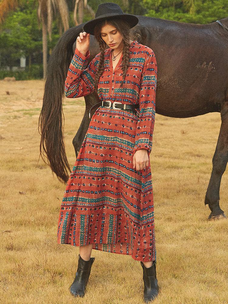 Casual Geometric Print Striped V-neck Long Sleeve